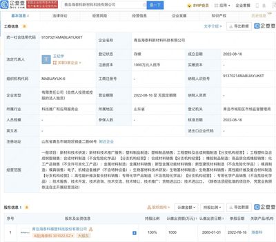 海泰科成立新材料科技公司,經營范圍含生物基材料制造